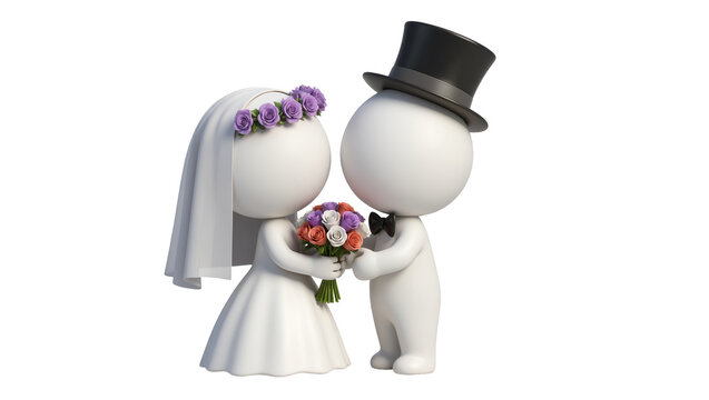 Bride and groom figures holding bouquet, isolated on transparent background