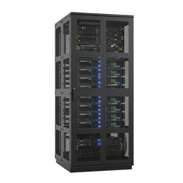 Modern server rack with illuminated blue lights
