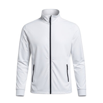 White track jacket with black zipper isolated on white background for sportswear design.