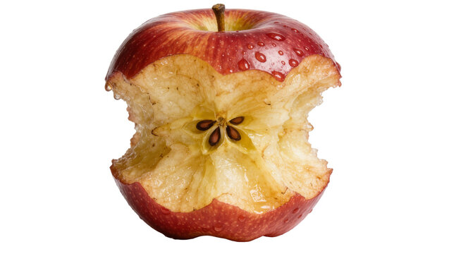 Bitten red apple core with visible seeds and water droplets, isolated on transparent background