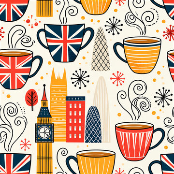 Stylish seamless pattern with cups in English style, flat design