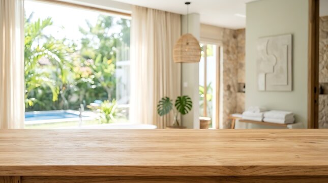Empty wooden table top blurred luxury house interior background for product mockup display tropical spa resort villa.