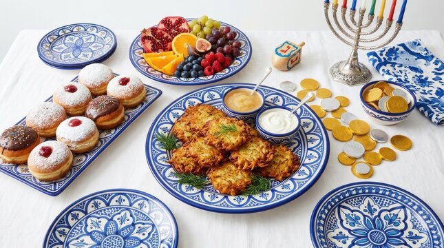 Hanukkah celebration dinner table with latkes and donuts