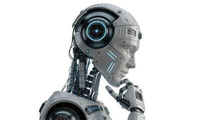 Detailed humanoid robot head with glowing blue eye and metallic finger on chin, isolated on transparent background © pixogram
