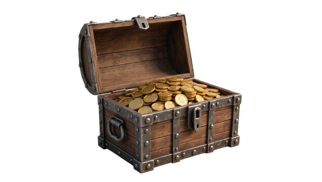 Antique wooden treasure chest overflowing with gold coins, isolated on transparent background