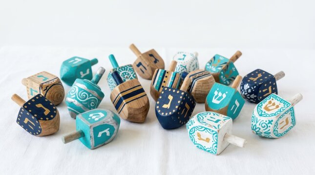 Many colorful dreidel spinning tops for hanukkah