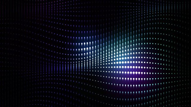 Abstract digital dots forming glowing curved light patterns on dark space