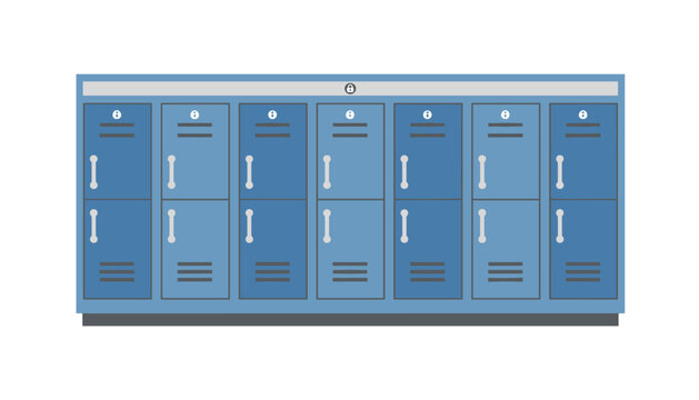 Row of modern blue metal storage lockers in a school hallway with one locker secured by a padlock in the middle.