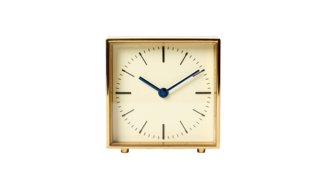 Square gold alarm clock with cream face and blue hands, isolated on transparent background