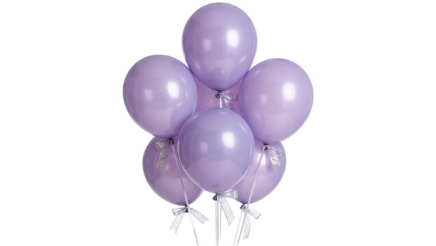 Group of pastel purple balloons with silver ribbons, isolated on transparent background
