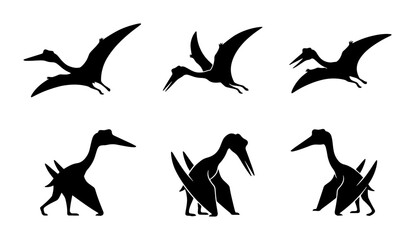 Pterodactyl Silhouettes, Dinosaur Flying Poses, Prehistoric Creature Vector Set © Aditya