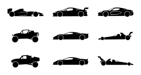Fototapeta premium Performance Sports Cars & Racing Vehicles Silhouette Collection, Modern Automotive Icons