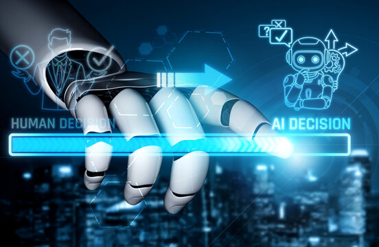 Futuristic Robotic Hand Representing Human and AI Decision-Making Process in Modern Technology Environment. Liminal.