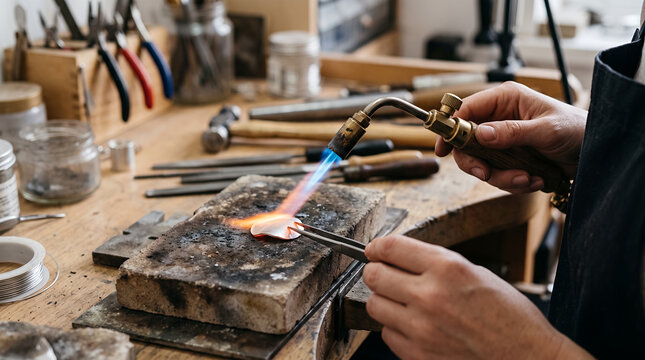 Jeweler annealing metal with gas torch at workbench, jewelry making, soldering and heat treatment