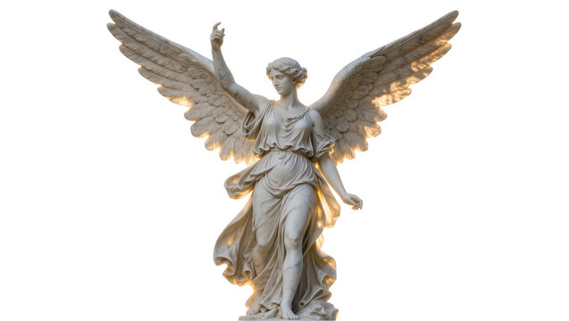 Classical marble angel statue with outstretched wings, isolated on transparent background
