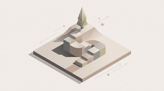 Isometric 3D landscape with geometric blocks and pine tree. Minimalist architectural model in beige and grey tones. Abstract diorama for web design.