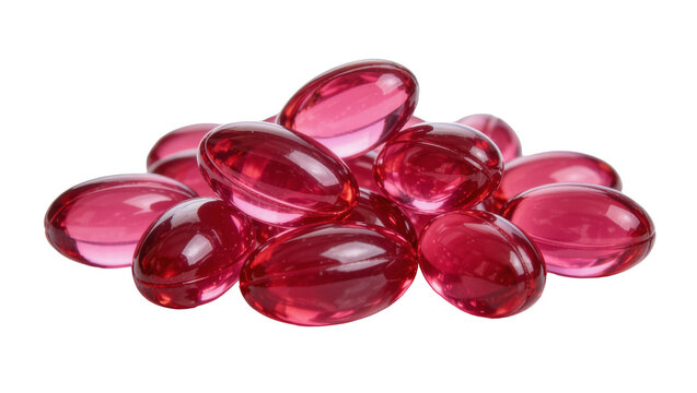 Pile of translucent red oval gel capsules, isolated on transparent background
