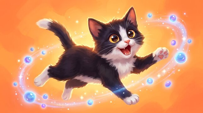 Whimsical tuxedo kitten jumping through magical blue bubbles. Playful black and white cat in a vibrant orange fantasy setting. Cute feline character illustration.
