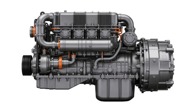 Heavy duty diesel engine with orange accents, isolated on transparent background