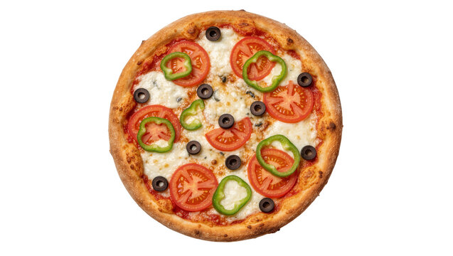 Whole round pizza with melted cheese sliced tomatoes green peppers and olives, isolated on transparent background