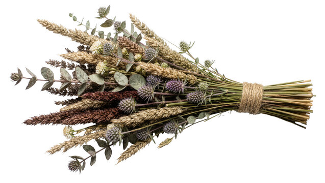Dried wheat and thistle bouquet tied with twine, isolated on transparent background