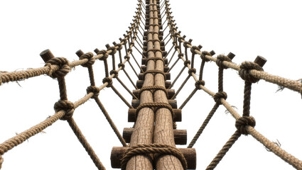 Rustic rope and wood suspension bridge leading into the distance, isolated on transparent background © pixogram