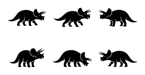 Obraz premium Six Black Triceratops Dinosaur Icons, Prehistoric Reptile Vector Graphics, Ancient Creature Silhouettes