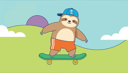 Fototapeta premium Fun illustration of a sloth wearing a baseball cap and orange shorts riding a green skateboard on a sunny hill.