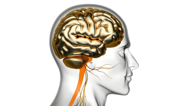 Golden brain with orange spinal cord and nerves inside transparent human head, isolated on transparent background