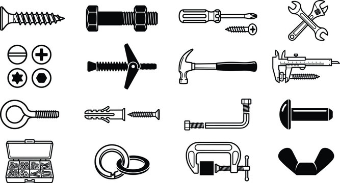 Hardware fasteners icon set with screws bolts nuts toggle anchor wall plugs screwdriver hammer and vernier caliper symbols
