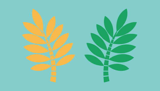 Green and yellow leaves arranged symmetrically on a solid blue background representing autumn and summer transition.