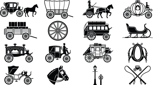 Horse carriage icon set with vintage stagecoach cinderella coach chariot covered wagon sleigh wooden wheel and whip symbols