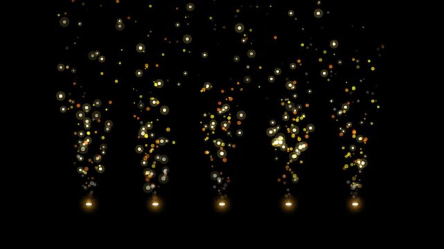 Golden glowing bokeh particle fountains rising upward from five emitter points on black background, abstract light circle sparks motion graphics VFX overlay
