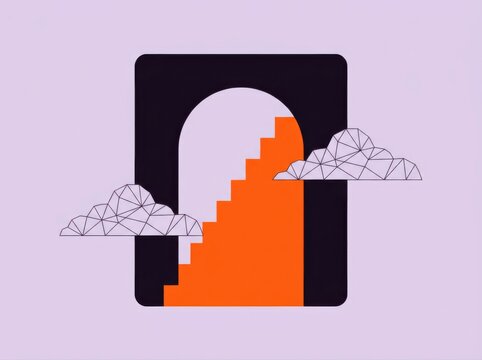 Abstract Staircase Portal with Wireframe Clouds on Soft Lavender Background