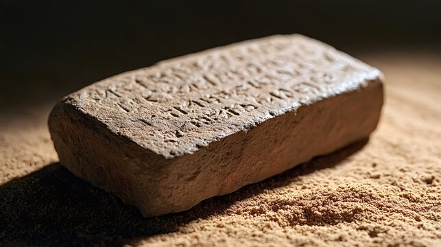 Ancient clay tablet inscribed with cuneiform script sitting on a bed of sand, symbolizing historical knowledge, discovery, and forgotten civilizations from mesopotamia