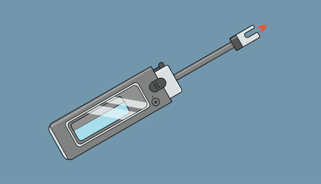 Long gas lighter with a blue liquid level window and a small flame burning at the tip over a dark blue background.