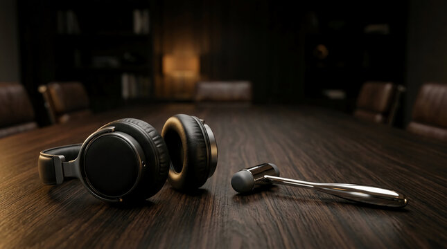 Professional black headphones and reflex hammer on dark wooden table in a sophisticated office or law firm setting, featuring moody lighting and cinematic shallow depth of field.