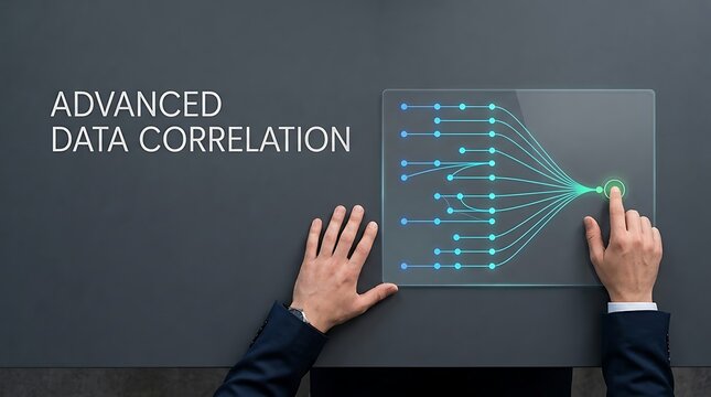 Business professional interacting with digital data flow interface for advanced correlation analysis.
