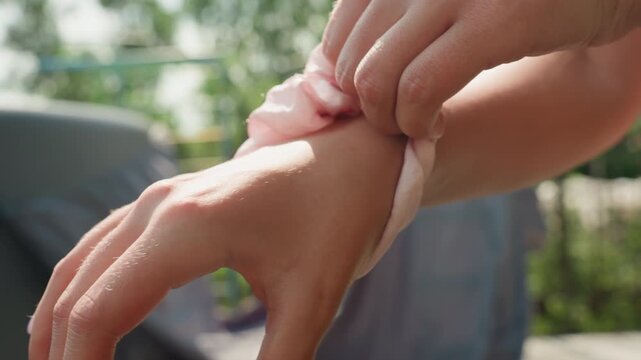 Close up of woman hands with freshly painted nails featuring white polish and black polka dots on some fingers. Woman uses pink scrunchie to wrap around her wrist in outdoor setting