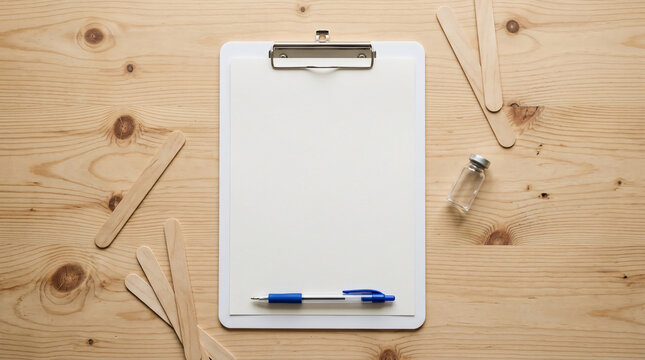 Blank medical clipboard with paper on desk for healthcare administration and clinical recording in bright natural light with neutral tones as a clean top-down flat lay photography.