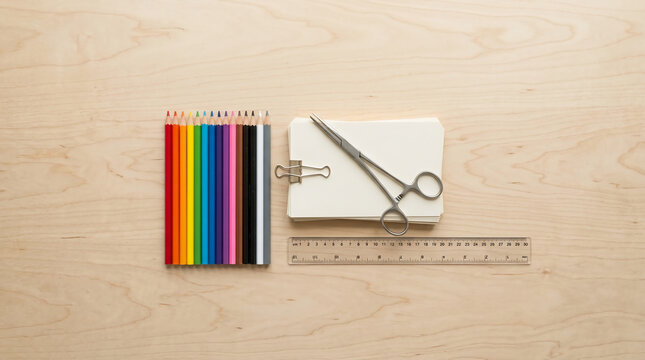 Minimalist top view of rainbow colored pencils, note cards, surgical scissors, and a ruler on wood surface, combining creative art supplies and medical tools for study and design.