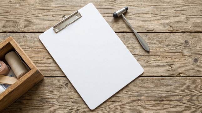 Medical clipboard mockup with blank paper, reflex hammer, and bandage box on wooden table top view. Professional healthcare exam tools for clinical records and patient care notes.