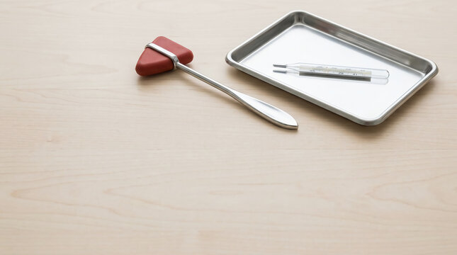 Professional medical reflex hammer and glass thermometer in stainless steel tray on wooden desk surface, healthcare diagnostic tools in clinical setting, bright natural light photo.