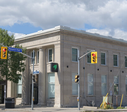 former Imperial Bank of Canada branch, designed by Langley & Howland in Beaux-Art style, c1919, now occupied by Raw Signal Group, 1416 Danforth Av at Monarch Park Av, Toronto
