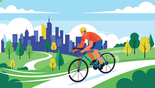 Male cyclist in a helmet and sportswear riding a blue bicycle along a winding path in a green park near the city.