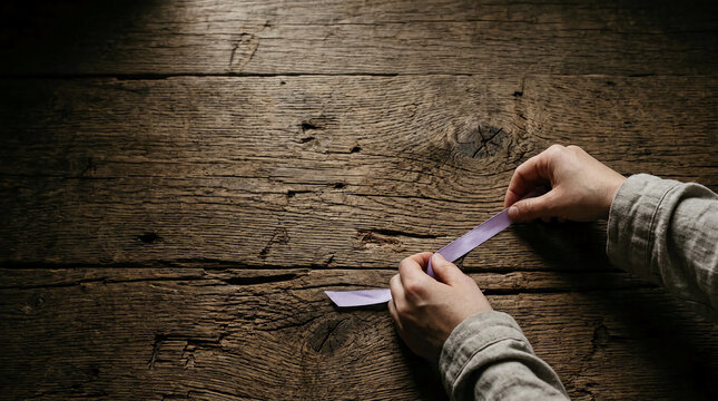Hands holding a purple awareness ribbon on a rustic wooden background under moody lighting, symbol of support for health causes and cancer awareness, cinematic lifestyle photo.