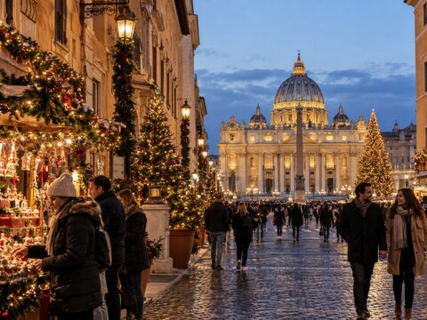 Weihnachtlicher Petersplatz in Vatikanstadt mit beleuchtetem Petersdom, festlich geschm&uuml;ckten Marktst&auml;nden und Besuchern bei winterlicher Abendstimmung im historischen Zentrum.