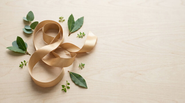 Elegant gold satin ribbon with fresh green eucalyptus and bay leaves on light wooden background, luxury minimalist gift wrapping concept with copy space in bright natural lighting.