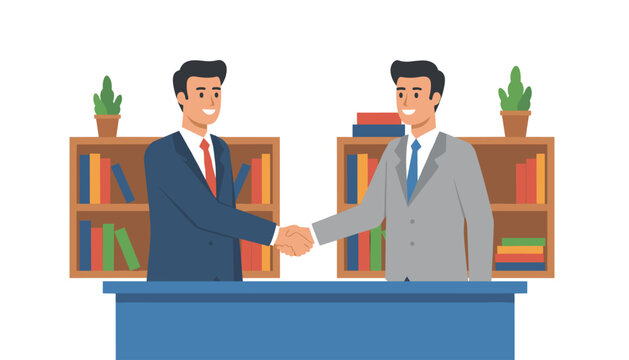 Two businessmen in suits shaking hands behind an office desk with bookshelves and potted plants in the background.