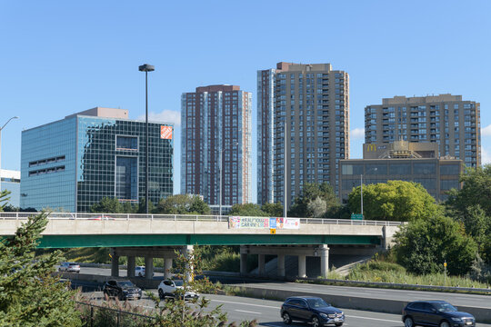 looking east toward Wynford Drive Bridge over the DVP with wide view of Home Depot Canada corporate office (1 Concorde Gate) and McDonald's Canada&rsquo;s official head office (1 McDonald's Place), Toronto
